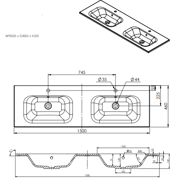 1500 Wall Hung 2 Drawer Vanity in Gloss White with Double Stonecast Basin