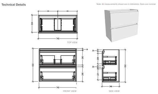 750 Wall Hung 2 Drawer Vanity in Charred Elm with Basin
