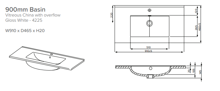 900 Wall Hung 1 Drawer Vanity in White Velvet with Basin