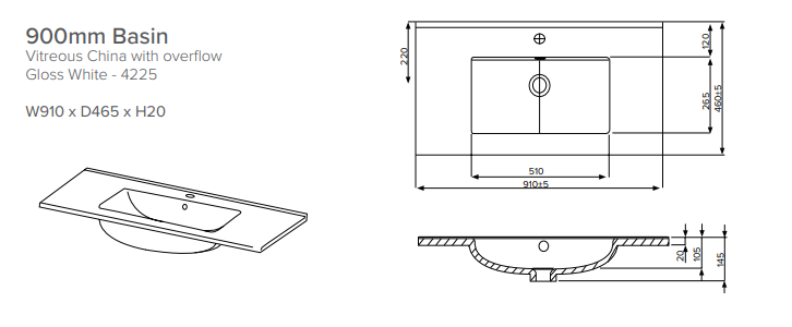900 Wall Hung 2 Drawer Vanity in New Oak Noir with 900 Basin