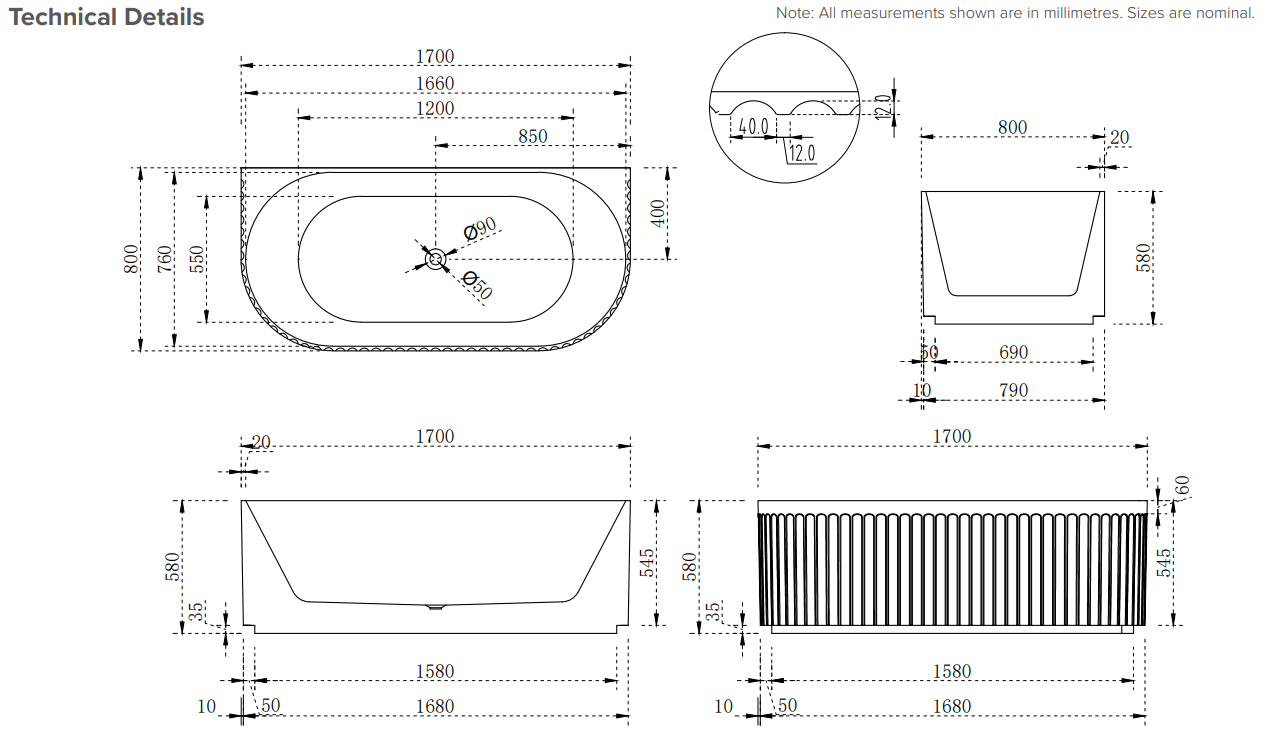 Fluted 1700 Back to Wall Bath - Gloss White