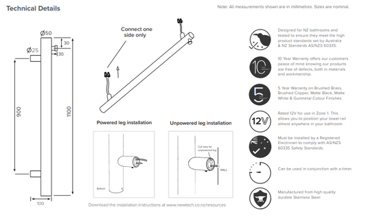 Vertical Heated Towel Bar 1100mm - Brushed Copper