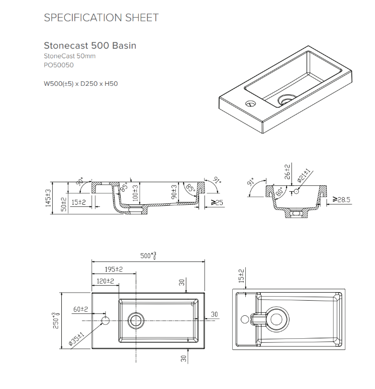500 Wall Hung 1 Door Vanity in Indigo with a 500 Stonecast Basin 80mm
