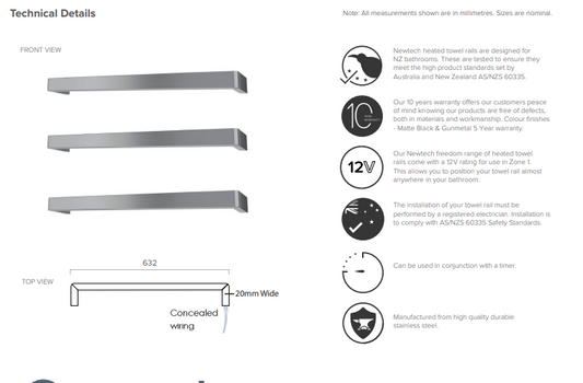 Square Rounded Edge Heated Towel Rail 632mm - Matte White