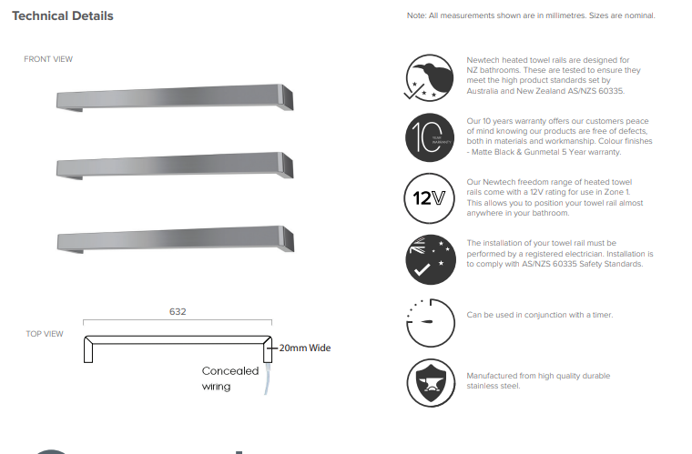 Square Rounded Edge Heated Towel Rail 632mm - Brushed Copper