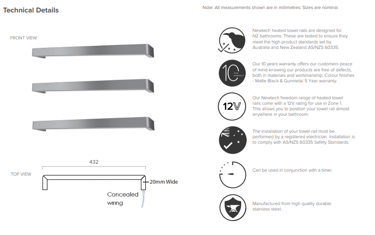 Square Rounded Edge Heated Towel Rail 432mm - Matte White