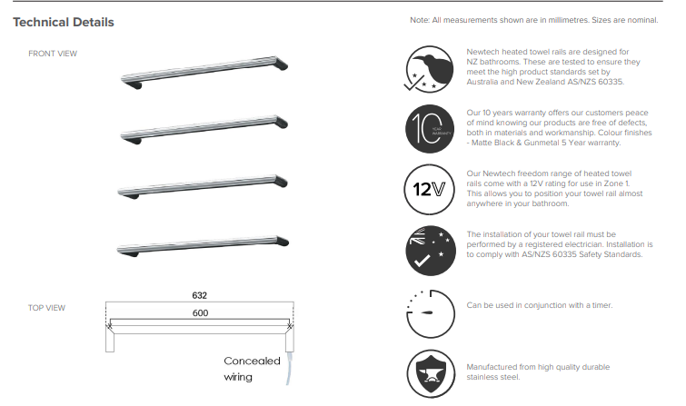 Round Freedom Heated Towel Rail 632mm - Matte White