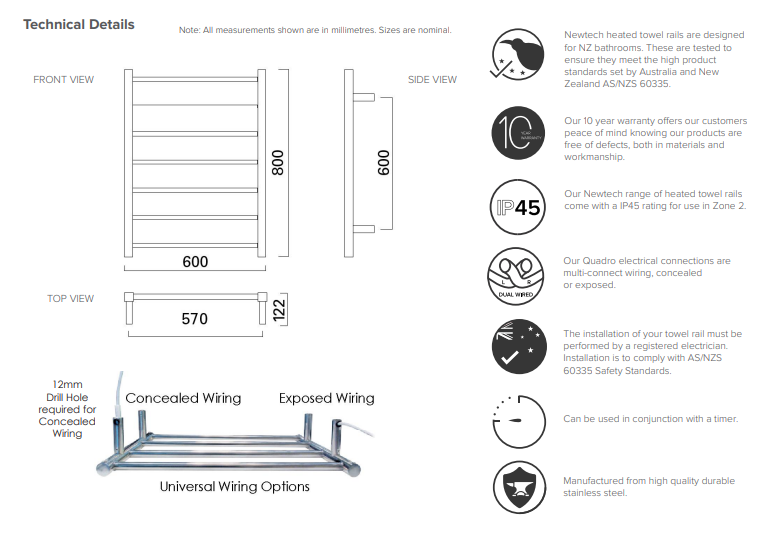 Square 7-Bar Heated Towel Rail 800 x 600mm - Matte White