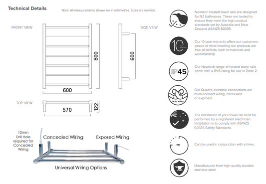 Square 7-Bar Heated Towel Rail 800 x 600mm - Matte White