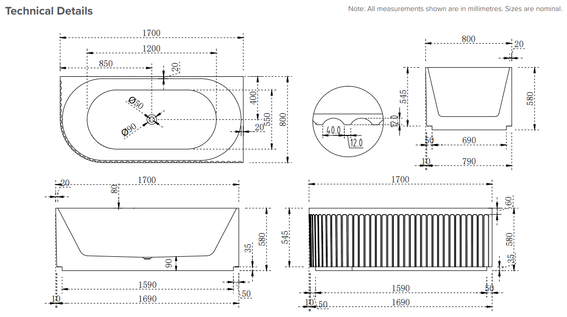 Fluted 1700 Right Corner Back-to-Wall Bath - Gloss White
