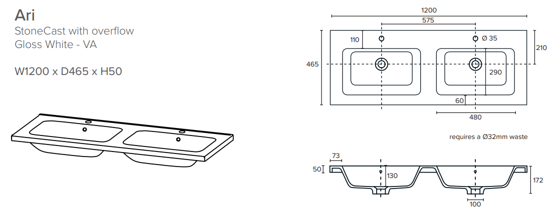 1200 Wall Hung Vanity in Gloss White with Right Hand Cosmetic Drawer and Double Stonecast Basin