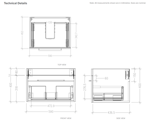 600 Wall Hung 1 Drawer Vanity in Charred Elm with Basin