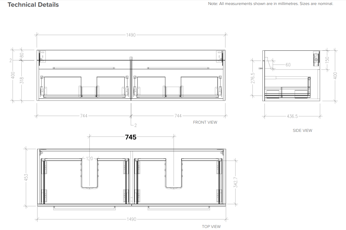 Citi 1500 Wall Hung 2 Drawer Vanity in Cinder with Ari 1500 Stonecast Double Basin