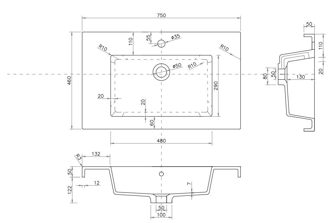 750 Wall Hung Vanity in Gloss White with Basin