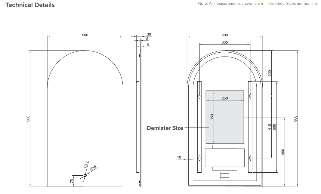 Arch Back-Lit LED Mirror with Demister - 500W x 900H