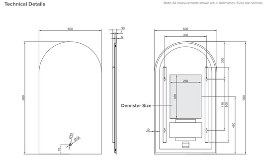 Arch Back-Lit LED Mirror with Demister - 500W x 900H