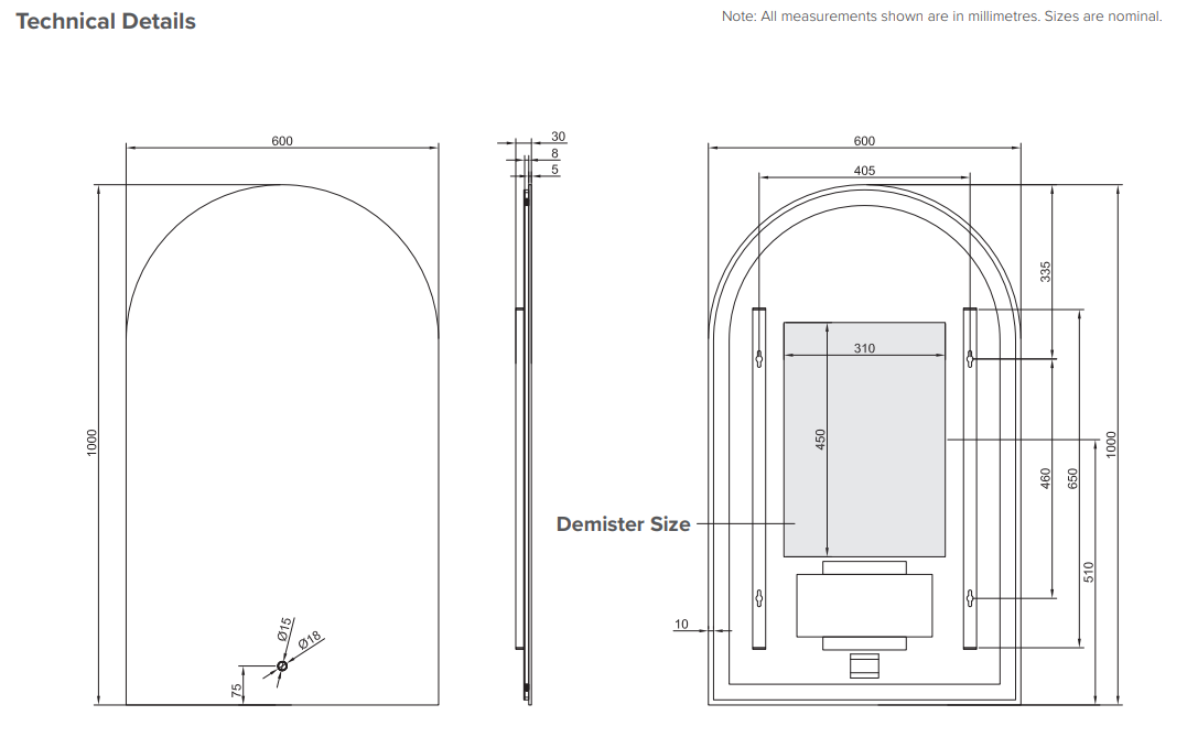 Arch Back-Lit LED Mirror with Demister - 600W x 1000H