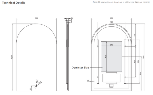 Arch Back-Lit LED Mirror with Demister - 600W x 1000H