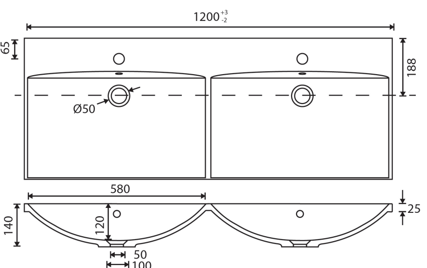 1200 Wall Hung Vanity in Gloss White with Double Basin
