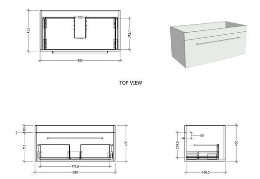 900 Wall Hung 1 Drawer Vanity in White Velvet with Basin