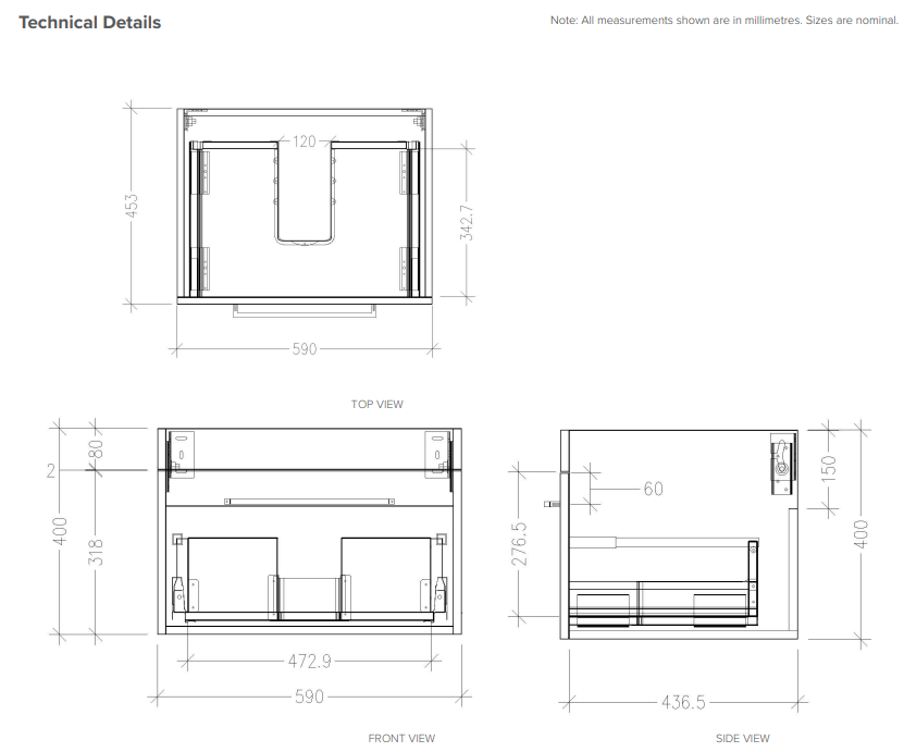Citi 600 Wall Hung 1 Drawer Vanity in Charred Elm with Etna Vitreous China Basin