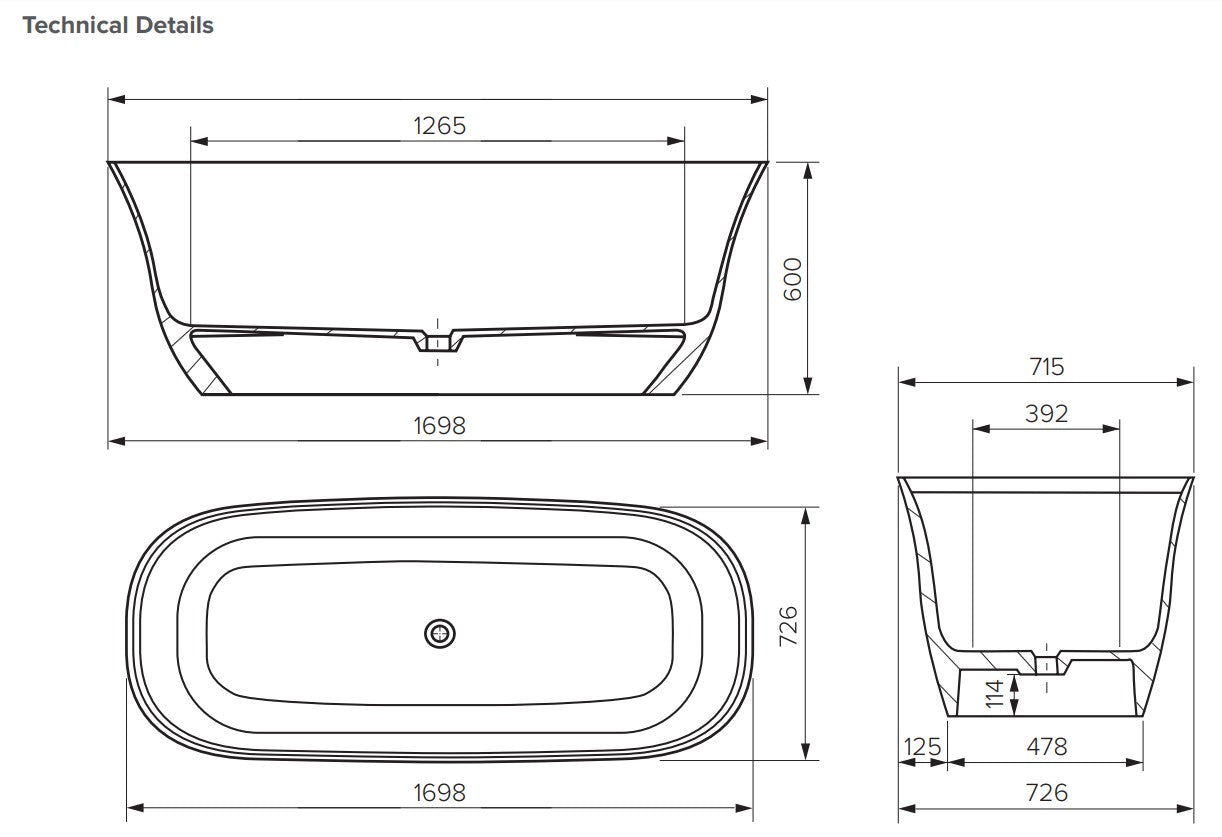 Curved Edge 1700 Freestanding Rectangle Bath - Gloss White