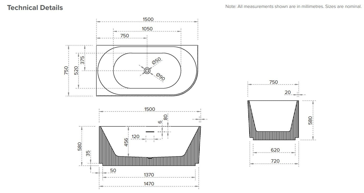 Ribbed 1500 Left Corner Back to Wall Bath - Gloss White