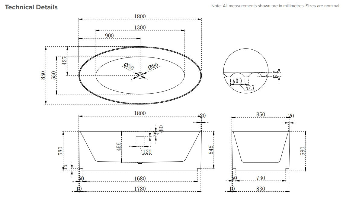 Fluted 1800 Oval Freestanding Bath - Matte White