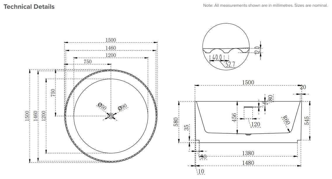 Fluted 1500 Round Freestanding Bath - Matte White