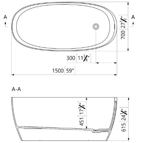 1500 Freestanding Oval Bath with Integrated Overflow - Gloss White