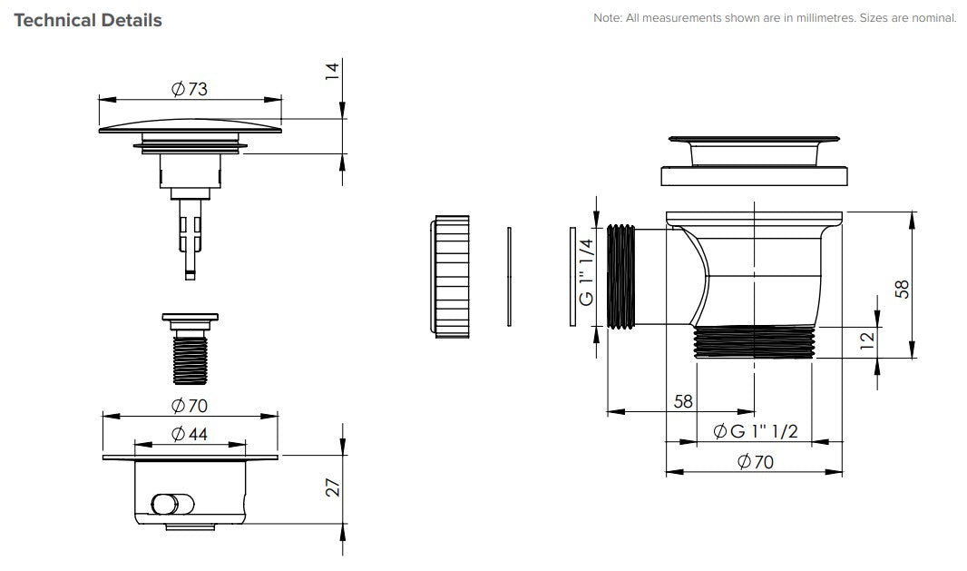 2-Piece 40mm Top Fix Bath Waste with Overflow in Matte White