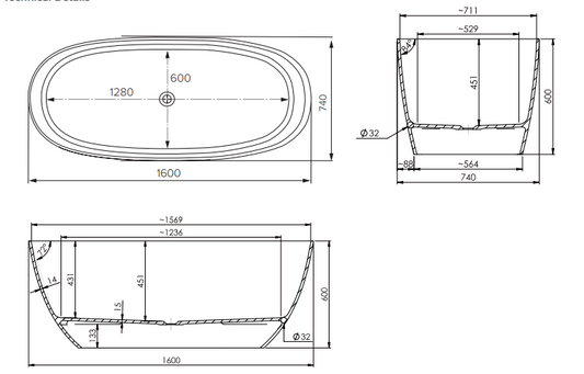 1600 Freestanding Oval Bath - Matte White