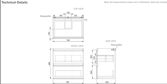 Dark Oak 750 Wall Hung 2 Drawer Vanity with China Basin