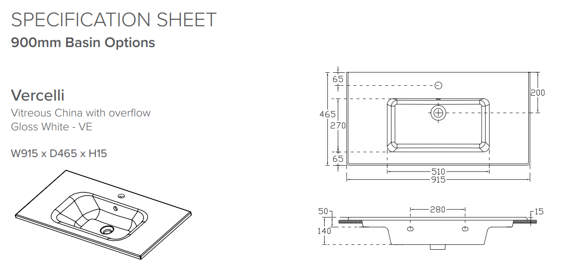 Cherry Blossom 900 Wall Hung 2 Drawer Vanity with Vercelli Basin