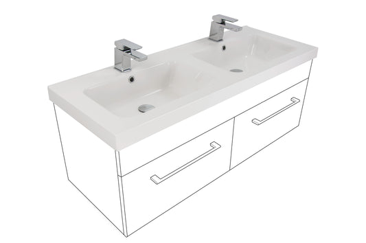 1200 Wall Hung Vanity in Gloss White with Right Hand Cosmetic Drawer and Double Stonecast Basin
