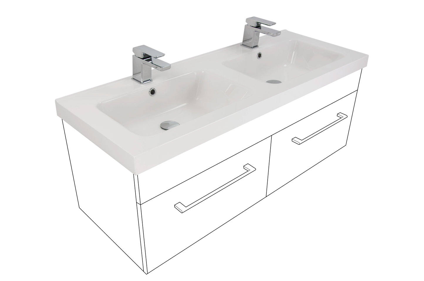 Kolum 1200 Wall Hung Vanity in Gloss White with Right Hand Cosmetic Drawer and Double Ari Stonecast Basin