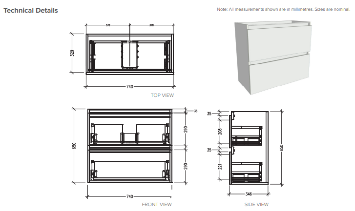 750 Wall Hung 2 Drawer Vanity in Charred Elm with Basin