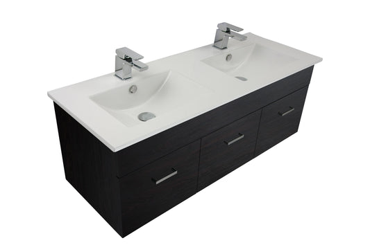 Qube 1200 Wall Hung Single Tier Vanity in Hickory Oak with Double Delgado Stonecast Basin