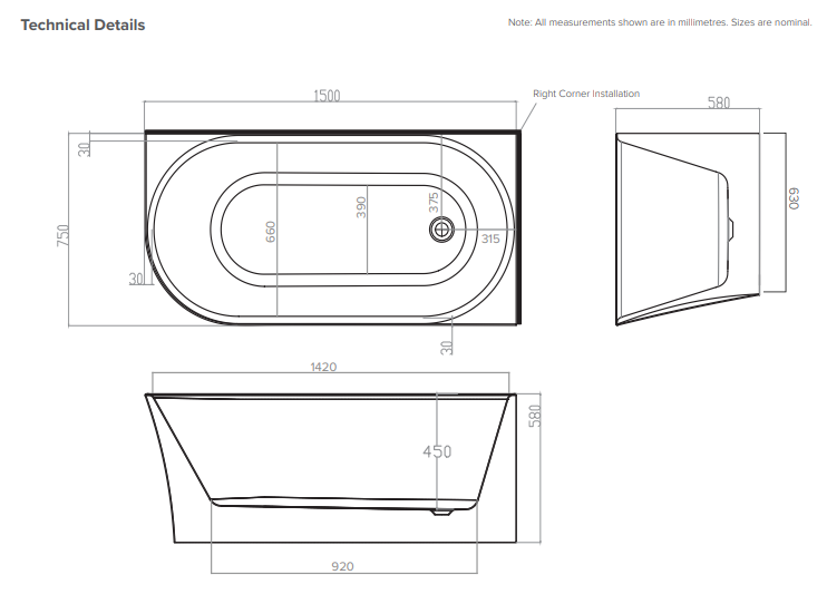 1500 Right Corner Back-to-Wall Bath - Gloss White