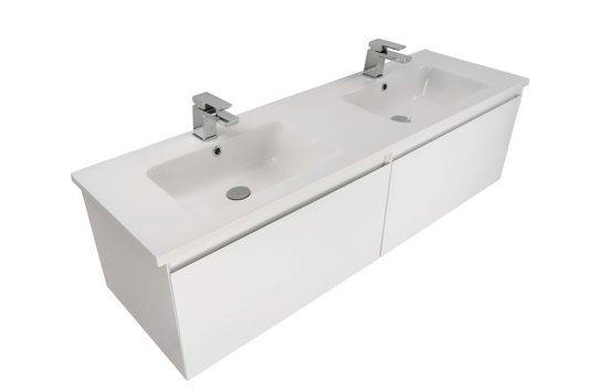Kolum 1500 Wall Hung 2 Drawer Vanity in Gloss White with Ari 1500 Stonecast Double Basin