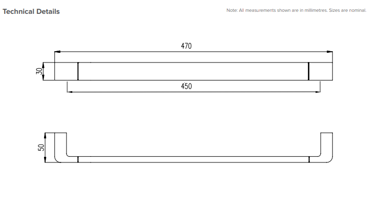 Square Towel Rail Bar 470mm - Brushed Copper