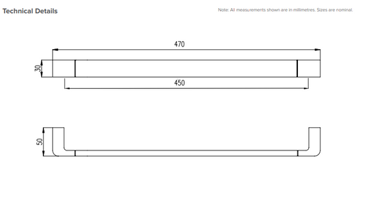 Square Towel Rail Bar 470mm - Brushed Copper