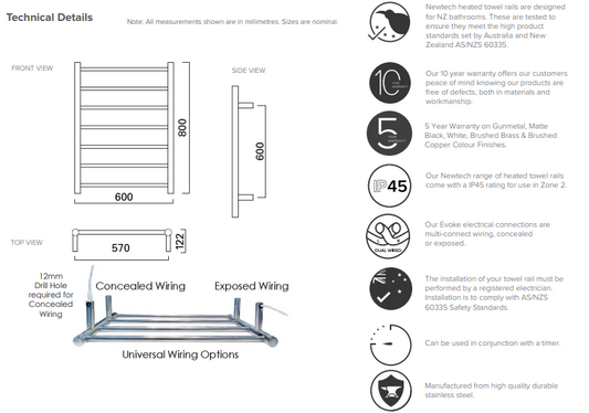 Round 7-Bar Heated Towel Rail 600mm- Matte White