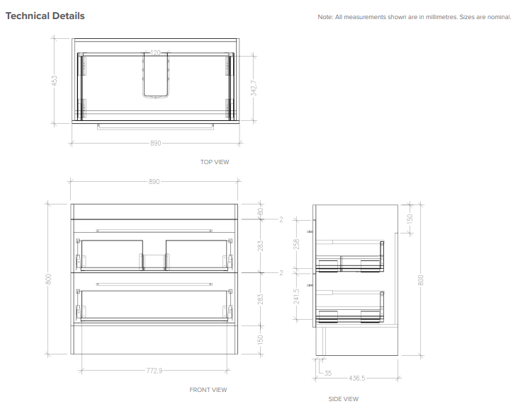900 Floor Standing 1 Drawer Vanity in Gloss White with Vitreous China Basin