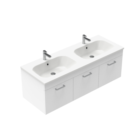 Qube 1200 Wall Hung Single Tier Vanity in Gloss White with Double Ari Stonecast Basin