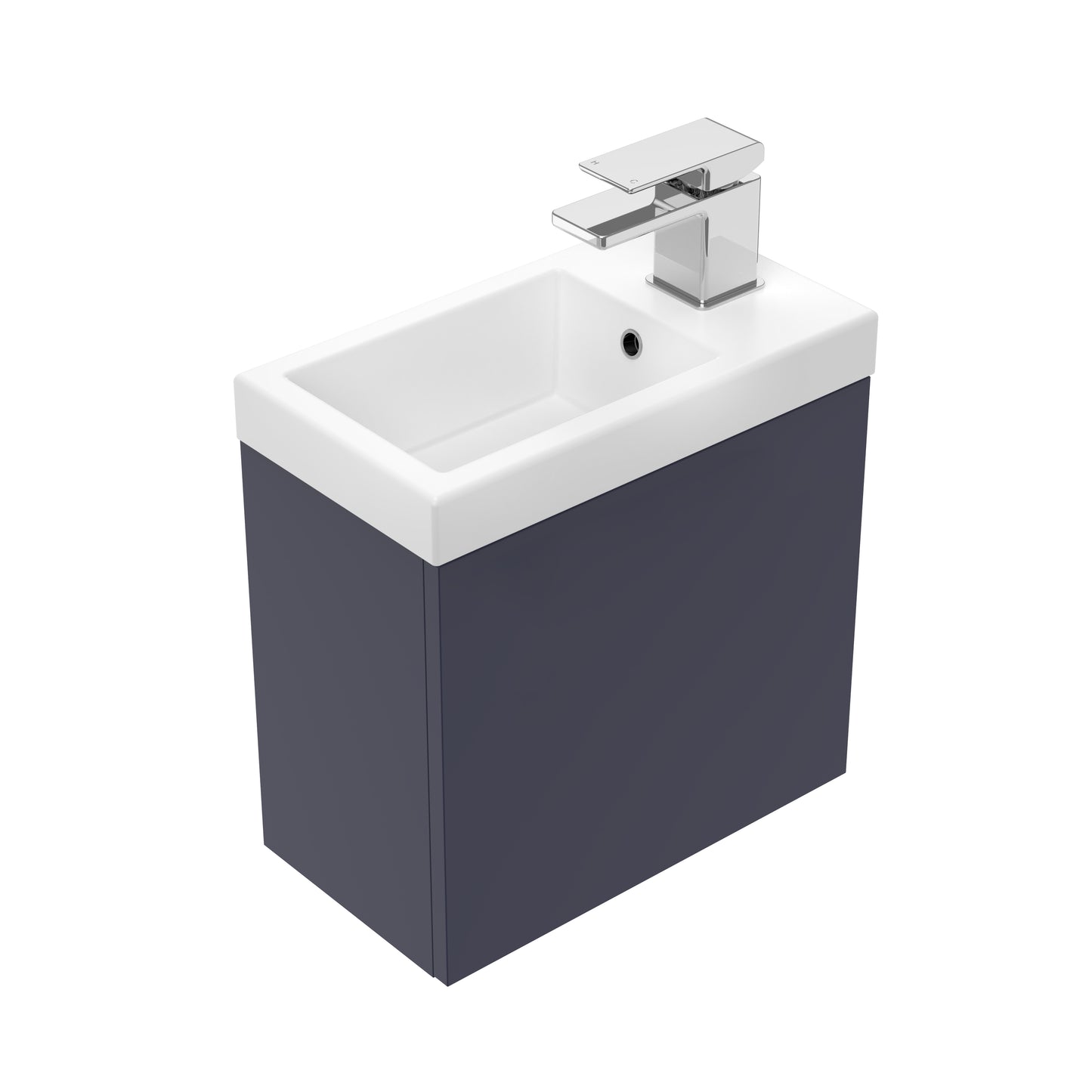 Oxley 400 Wall Hung 1 Door (LH Hinge) Vanity in Indigo with Matte White Basin