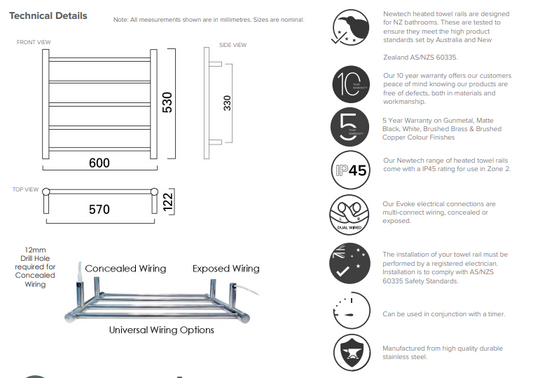 Round 5-Bar Heated Towel Rail  600mm- Matte White