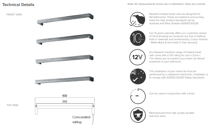 Square Heated Towel Rail 632mm - Brushed Copper