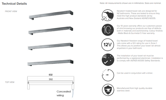 Square Heated Towel Rail 632mm - Brushed Copper