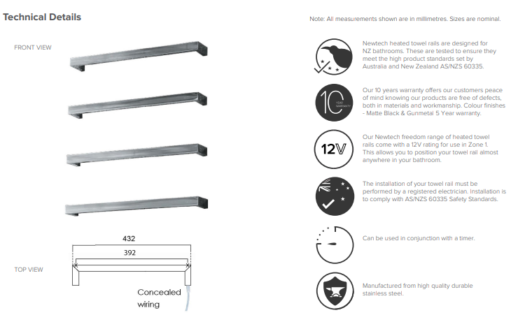 Square Heated Towel Rail 432mm - Brushed Copper